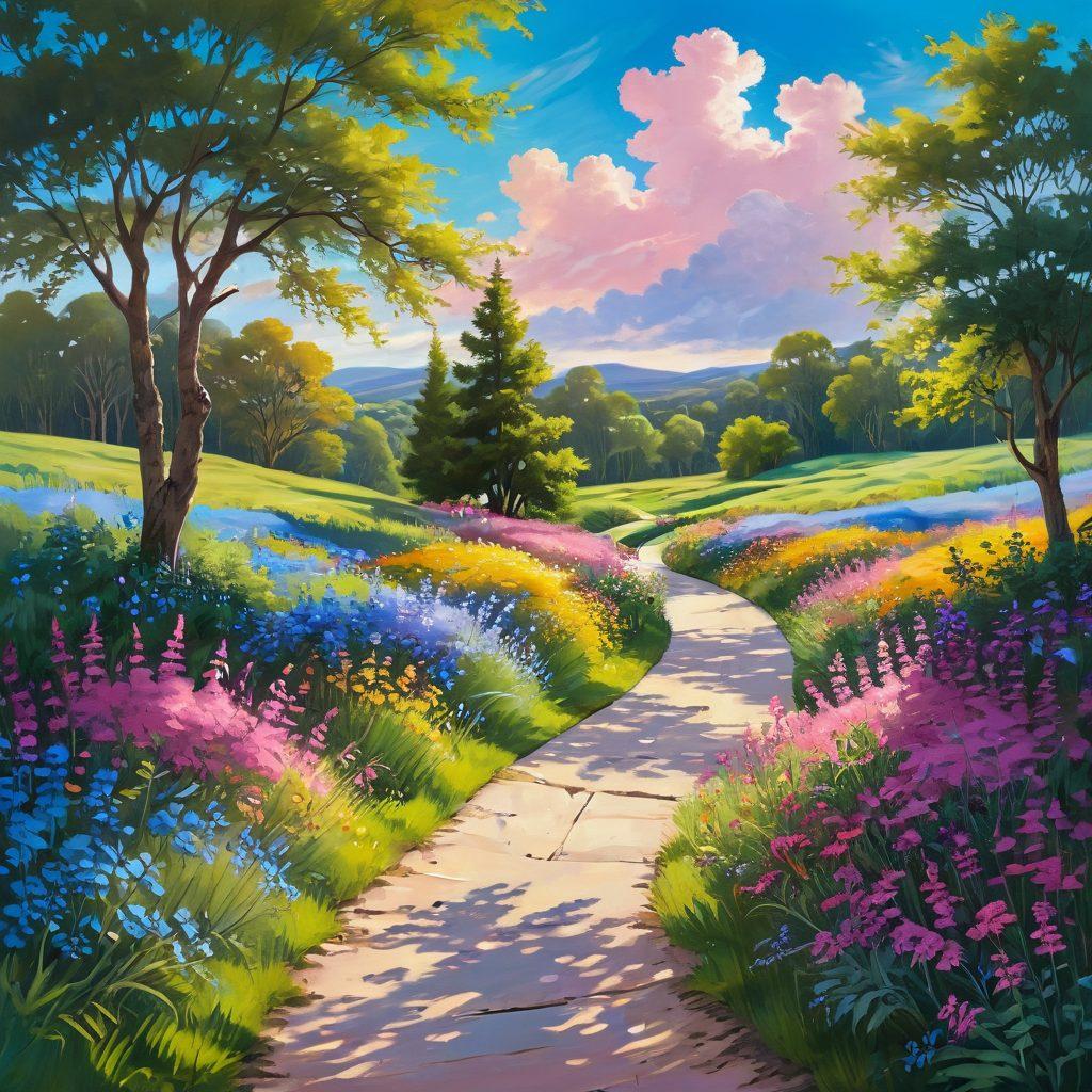 A serene and colorful landscape depicting a winding path through vibrant wildflowers, symbolizing a joyful journey. Include a diverse group of people smiling and engaging in various joyful activities, like painting, dancing, and meditating along the path. The sky should be bright with fluffy clouds and warm sunlight filtering through the trees, creating an uplifting atmosphere. Soft pastel colors enhance the feeling of bliss and tranquility. painting. vibrant colors.