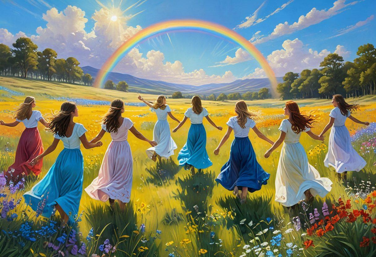 A cheerful landscape featuring a sunlit meadow filled with vibrant wildflowers, a gentle breeze causing the flowers to sway, and a radiant rainbow arching across a clear blue sky. In the foreground, a diverse group of joyful people engaging in various activities like laughing, dancing, and meditating, symbolizing elation and contentment. The scene evokes a sense of peace and happiness. super-realistic. vibrant colors. painted style.